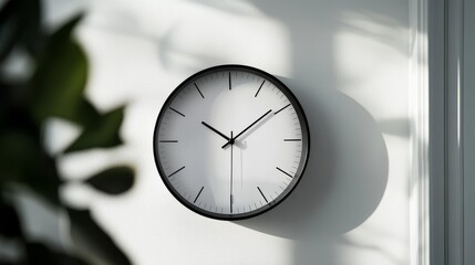 Modernist round analog clock captured from slight angle showing 8:00, pure white face contrasting with delicate black hands, slim black circular frame, mounted on white wall in monochromatic interior