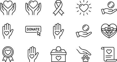 Charity, Donation, and Volunteering Line Icon Set, Heart, Ribbon, Give Money, Social Awareness, Love, and Non-Profit Organization Outline Symbols Vector