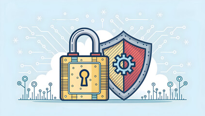 Padlock and shield graphic symbolizing internet security protection privacy and digital data safety infrastructure.