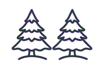 Two green and purple outline Christmas trees on a black background evergreen pine