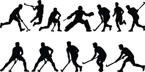 Collection of field hockey player silhouettes in dynamic poses, featuring a goalie and various athletes, isolated vector graphic on white background.