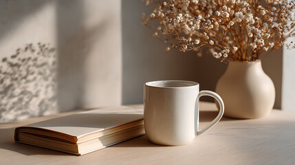 white ceramic mug and closed beige notebook on clean desk minimal lifestyle scene soft daylight peaceful mood modern interior natural textures calm uncluttered space