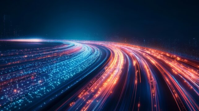 Hyper-connected roadway transformed into information superhighway, data packets visualized as streaking light particles with motion blur, technological disruption concept, digital transformation