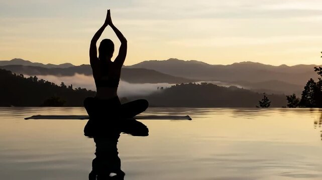 Image is a serene landscape photograph featuring a person practicing yoga at sunrise or sunset. The individual is seated in a cross-legged position on a reflective surface, possibly a pool, with their
