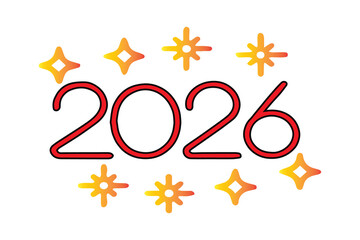 Red 2026 numbers with yellow starbursts and diamonds on black new year