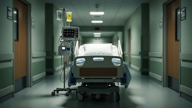 Hospital bed with medical equipment in an empty corridor, medical healthcare concept