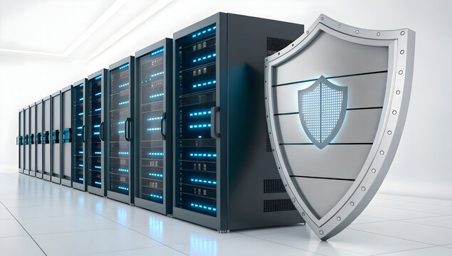 Server room infrastructure featuring multiple large IT racks secured by a prominent metallic cyber security shield