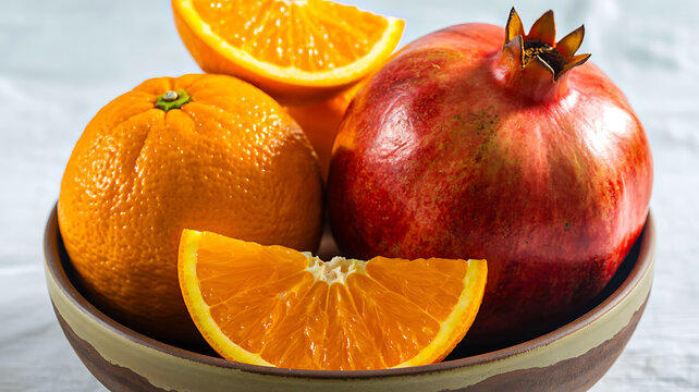 Fresh oranges and pomegranate in rustic bowl on light background