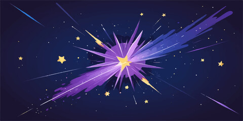 A glowing vector illustration of a magic starry night sky featuring bright fireworks and a holiday star burst celebration against a dark blue cosmos galaxy background © Hena