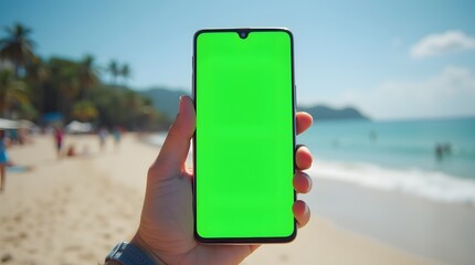 Commercial Display Mockup: Green Screen Display in Beach Tourist Environment