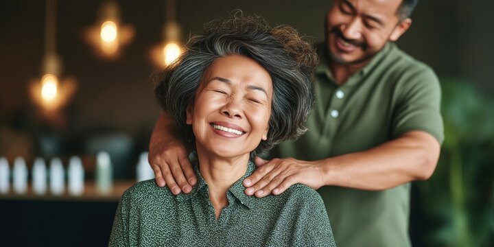 Acupuncture concept Joyful interaction between a caregiver and an elderly woman.