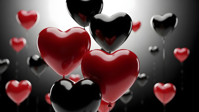 Group of glossy red and black heart shaped balloons floating in a dark background