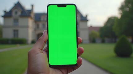 Commercial Display Mockup: Green Screen Display in Front of Mansion