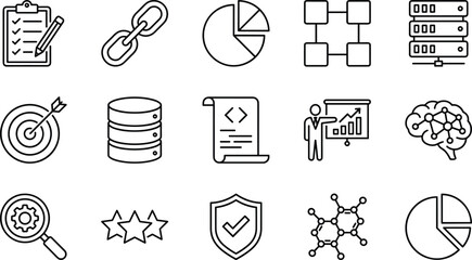 Data Analysis, Business Management, Technology, and Research Line Icon Set, Strategy, Brain, Coding, Database, SEO, and Security Outline Symbols Vector