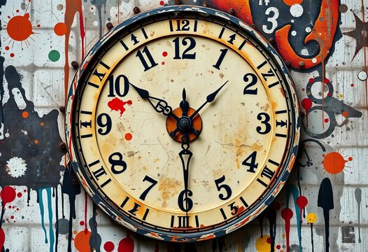 Distressed clock face with chaotic paint splatters and industrial elements,  steampunk, trash polka