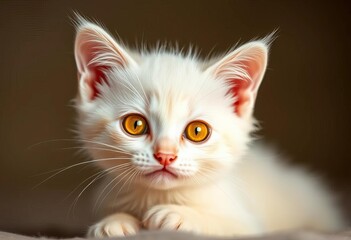 Radiant white kitten with glowing golden eyes, playful pose, digital, kitty