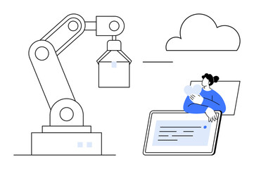 Automation technology. Robot arm automation with cloud technology and human interaction. Automation in industry, cloud integration, IoT, workflow efficiency, tech innovation