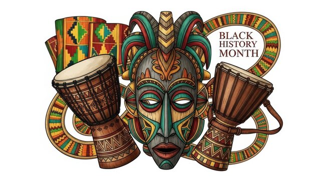 Black history month celebration with african mask, djembe drums, and traditional patterns