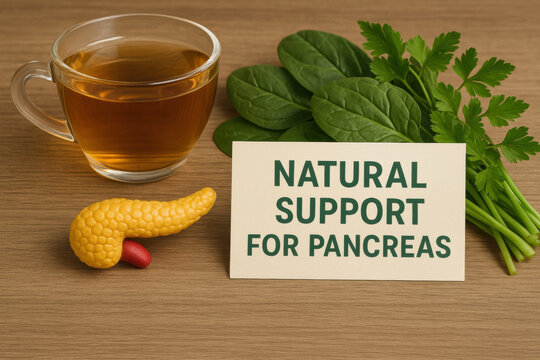 Hopeful wellness concept showing natural support for pancreas with miniature model, herbal tea, and leafy green vegetable, promoting healthy diet for treatment and care
