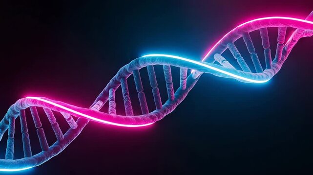 Illuminated dna helix animation with pink and blue neon lighting for science - Powered by Adobe