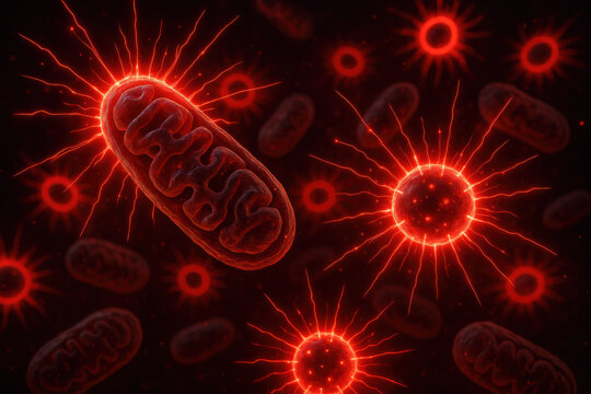 Intense molecular scene of mitochondria under oxidative attack. Reactive oxygen species radiating outward in neon red halos cause cellular stress and damage inside cell