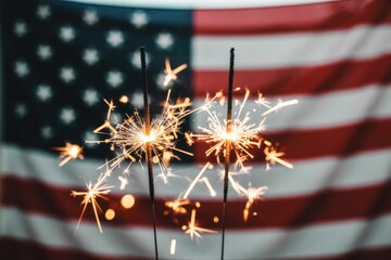 Sparklers ignite with american flag background celebrating patriotism and freedom