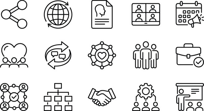 Line Art Icons Set of Business, Teamwork, HR, Management, and Corporate Communication Elements Including Global Network, Video Conference, and Collaboration