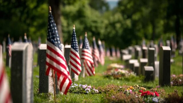 A Moment of Remembrance: American flags flutter gracefully in the gentle breeze, marking the final resting places of veterans, symbolizing honor and sacrifice. The scene evokes a sense of respect.