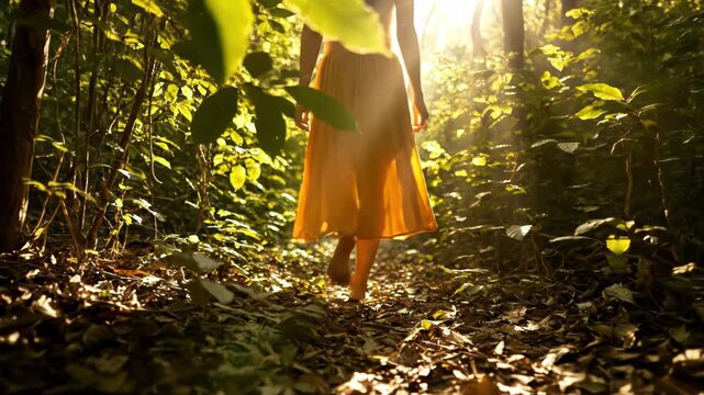 Barefoot woman in a flowing yellow dress walks away through a sunlit forest path covered in dry leaf litter