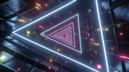 Journey through a futuristic triangular neon light tunnel with glowing particles, creating a dynamic science fiction wormhole effect - Powered by Adobe