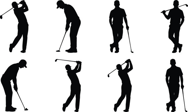 Silhouettes of male golfers swinging clubs, putting, and posing on the course, illustrating golf sport, leisure, precision, and athletic recreation.