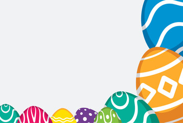 Bright Easter border with large and small decorated eggs arranged along the edges, leaving an open center for text.
