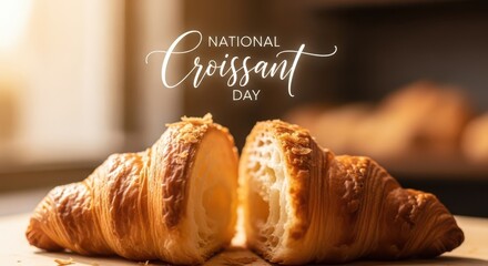 A perfectly baked croissant, split in half to reveal its flaky layers, celebrating national croissant day with warm, inviting light