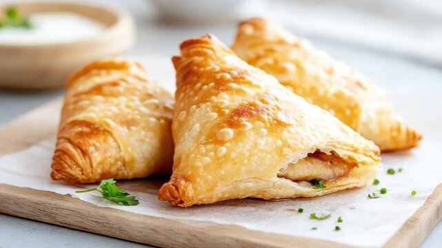 Golden Pastry Trio: An appetizing showcase of golden, flaky pastries artfully arranged on a wooden board, tempting the eye with their inviting textures and inviting aroma.