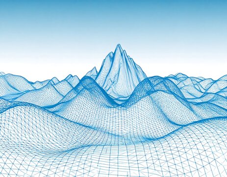 Abstract blue wireframe landscape with mountain peak and grid.