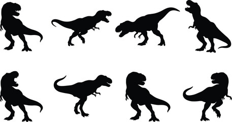 Silhouettes of Tyrannosaurus Rex (T-Rex) dinosaurs in various aggressive roaring and walking poses, illustrating prehistoric animals, extinction, and paleontology.