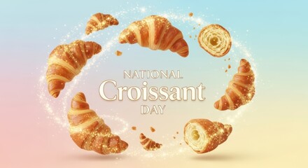 A delightful illustration celebrating croissant day, with freshly baked croissants floating in a magical, sparkling circle against a soft, colorful background