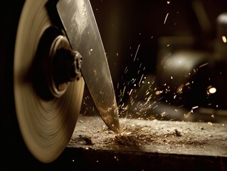 abrasive. Close-up of a grinding wheel sharpening an old knife with flying sparks in an industrial workshop. safety posters.