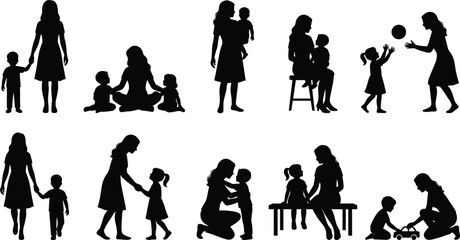 Obraz premium Mother and children silhouettes set, walking, playing, hugging, and sitting, vector icons illustrating family bonding, parenting, and childhood moments