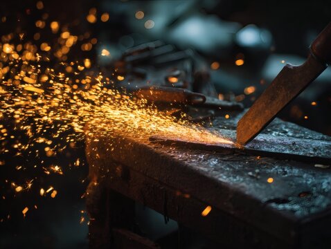 abrasive. Close-up of a grinding wheel sharpening an old knife with flying sparks in an industrial workshop. safety posters. - Powered by Adobe