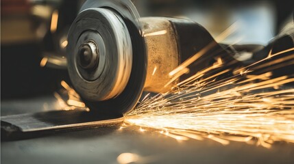 abrasive. Close-up of a grinding wheel sharpening an old knife with flying sparks in an industrial workshop. safety posters.
