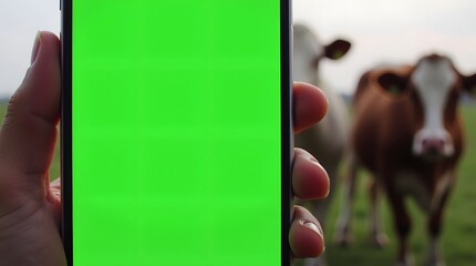 Commercial Display Mockup: Green Screen Phone with Cattles Background