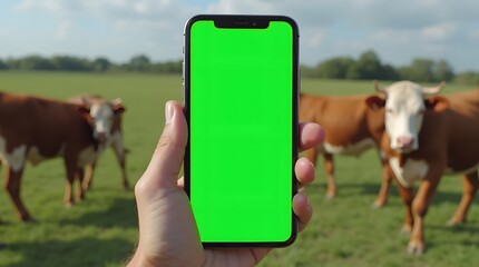 Commercial Display Mockup: Green Screen Phone with Cattles Background