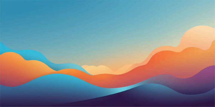 Vector illustration of a vibrant sunset or sunrise over a misty mountain landscape with orange clouds and a valley view