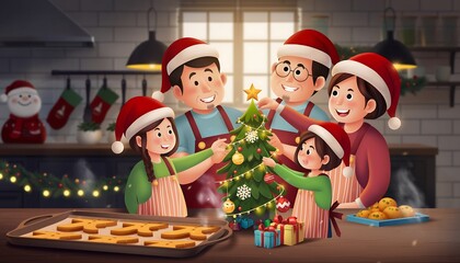 Cheerful Family Decorating Miniature Festive Tree in Cozy Kitchen Holiday Baking Scene