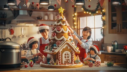 Happy Family Decorating Giant Gingerbread House Kitchen Celebration