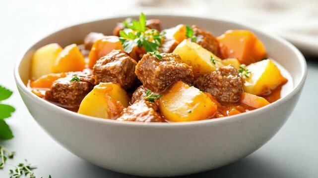 Hearty Beef Stew in a Bowl: A delectable bowl of steaming beef stew, filled with tender chunks of beef, vibrant carrots, and golden potatoes, creating a symphony of flavors and textures