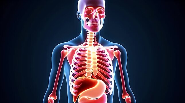 Detailed 3D medical illustration of the human digestive system inside a transparent anatomical body, neon blue glow outline, realistic organs including stomach, intestines,