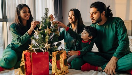 Joyful Family Decorating Small Christmas Tree in Matching Pajamas Indoors