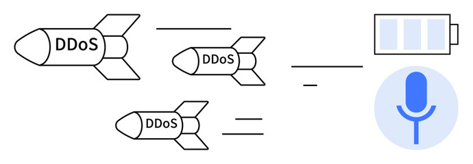 Three missiles labeled DDoS moving toward a battery and microphone icon, symbolizing cyberattacks and data vulnerabilities. Ideal for cyber defense, IT risks, hacking threats, network issues, system